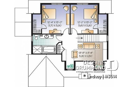 Étage - Plan de maison de style campagnard avec vue panoramique, 3 à 4 chambres, plafond pente, foyer  - Jordan 