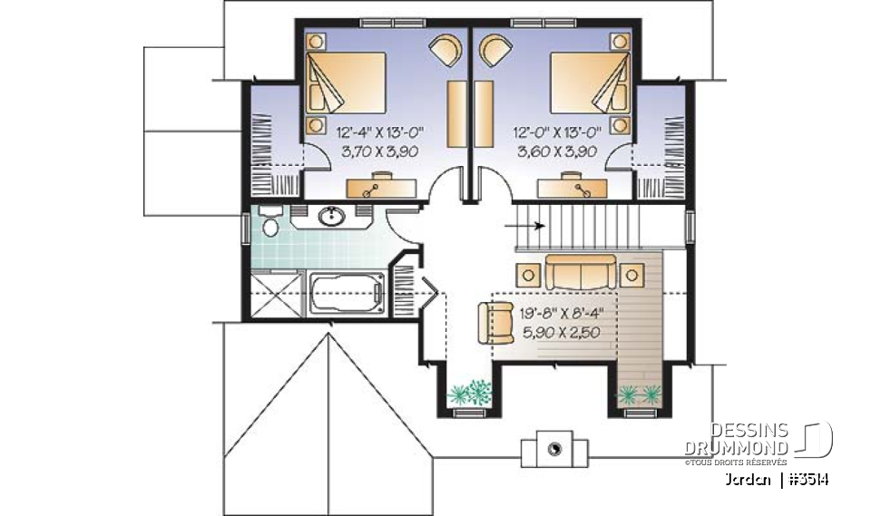 Étage - Plan de maison de style campagnard avec vue panoramique, 3 à 4 chambres, plafond pente, foyer  - Jordan 