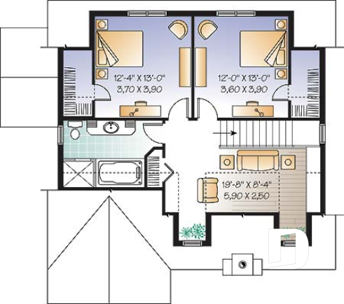 Étage - Plan de maison de style campagnard avec vue panoramique, 3 à 4 chambres, plafond pente, foyer  - Jordan 