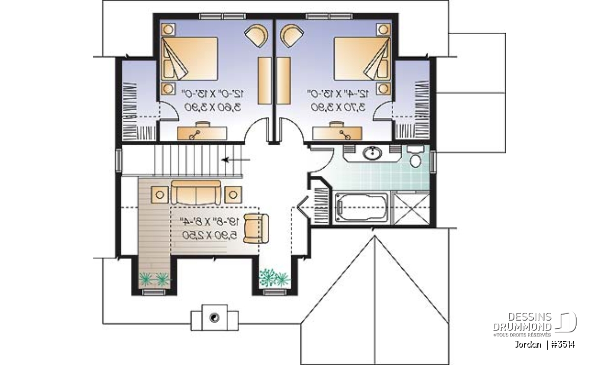 Étage - Plan de maison de style campagnard avec vue panoramique, 3 à 4 chambres, plafond pente, foyer  - Jordan 