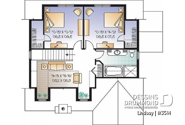 Étage - Plan de maison de style campagnard avec vue panoramique, 3 à 4 chambres, plafond pente, foyer  - Jordan 