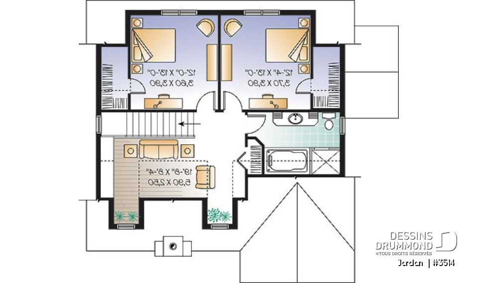 Étage - Plan de maison de style campagnard avec vue panoramique, 3 à 4 chambres, plafond pente, foyer  - Jordan 