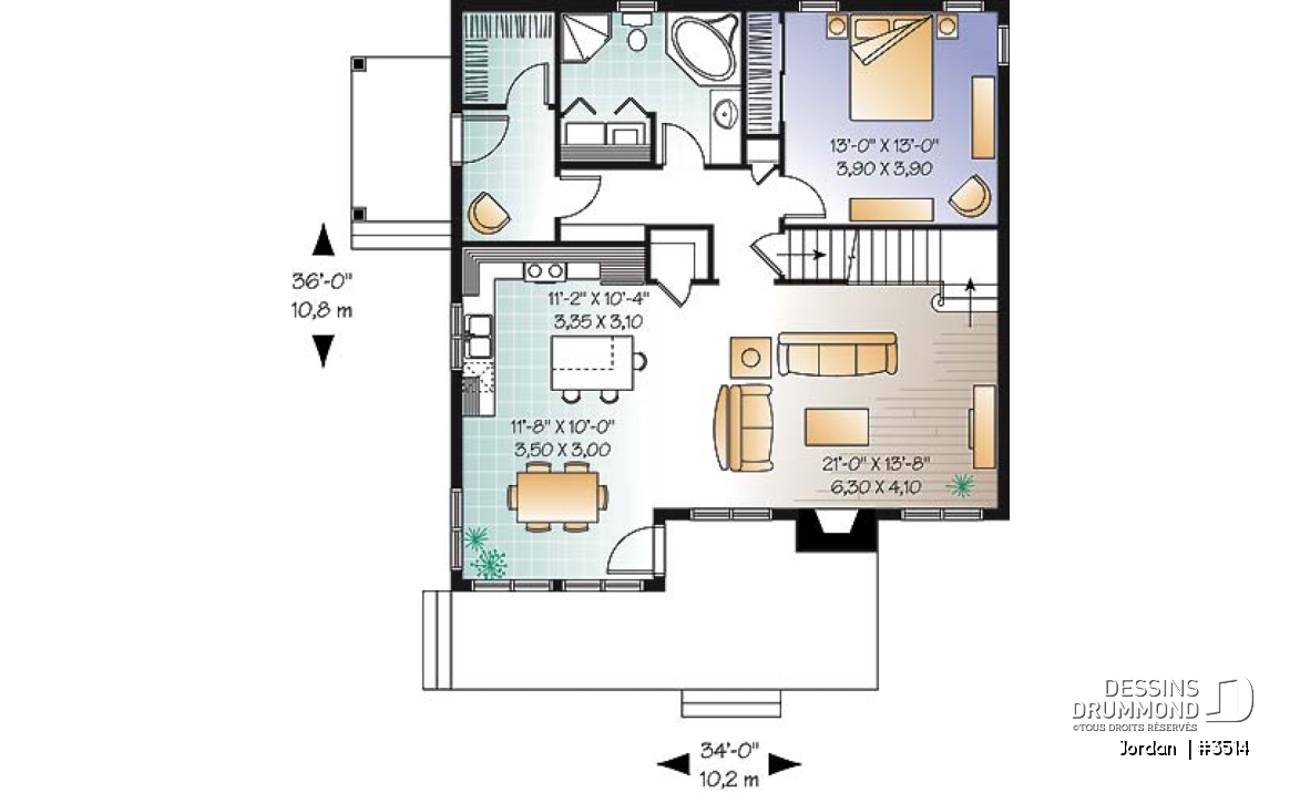 Rez-de-chaussée - Plan de maison de style campagnard avec vue panoramique, 3 à 4 chambres, plafond pente, foyer  - Jordan 