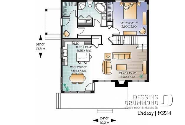 Rez-de-chaussée - Plan de maison de style campagnard avec vue panoramique, 3 à 4 chambres, plafond pente, foyer  - Jordan 