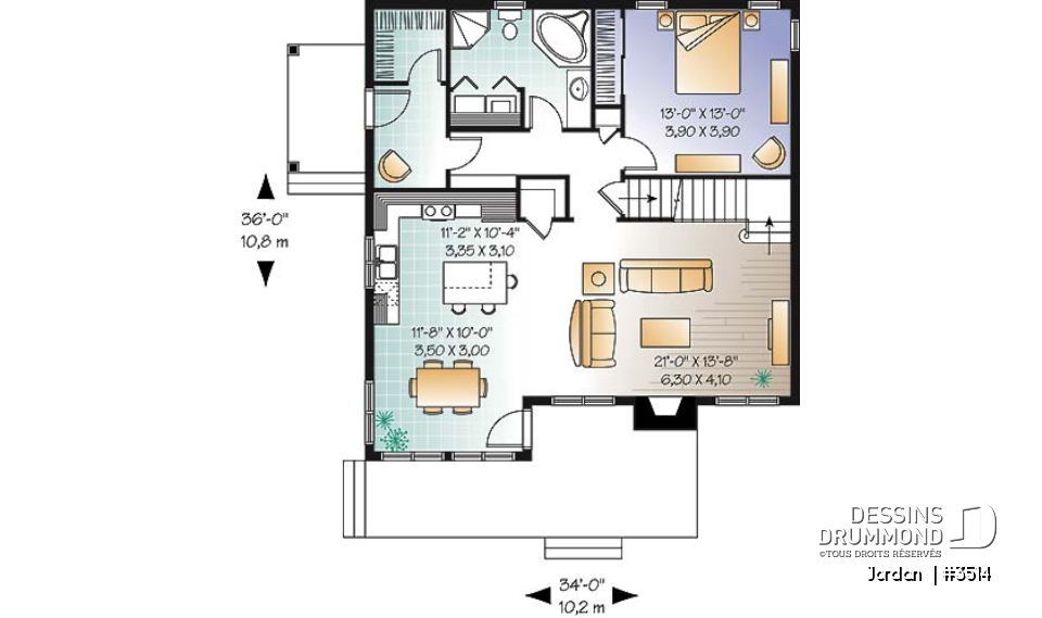 Rez-de-chaussée - Plan de maison de style campagnard avec vue panoramique, 3 à 4 chambres, plafond pente, foyer  - Jordan 