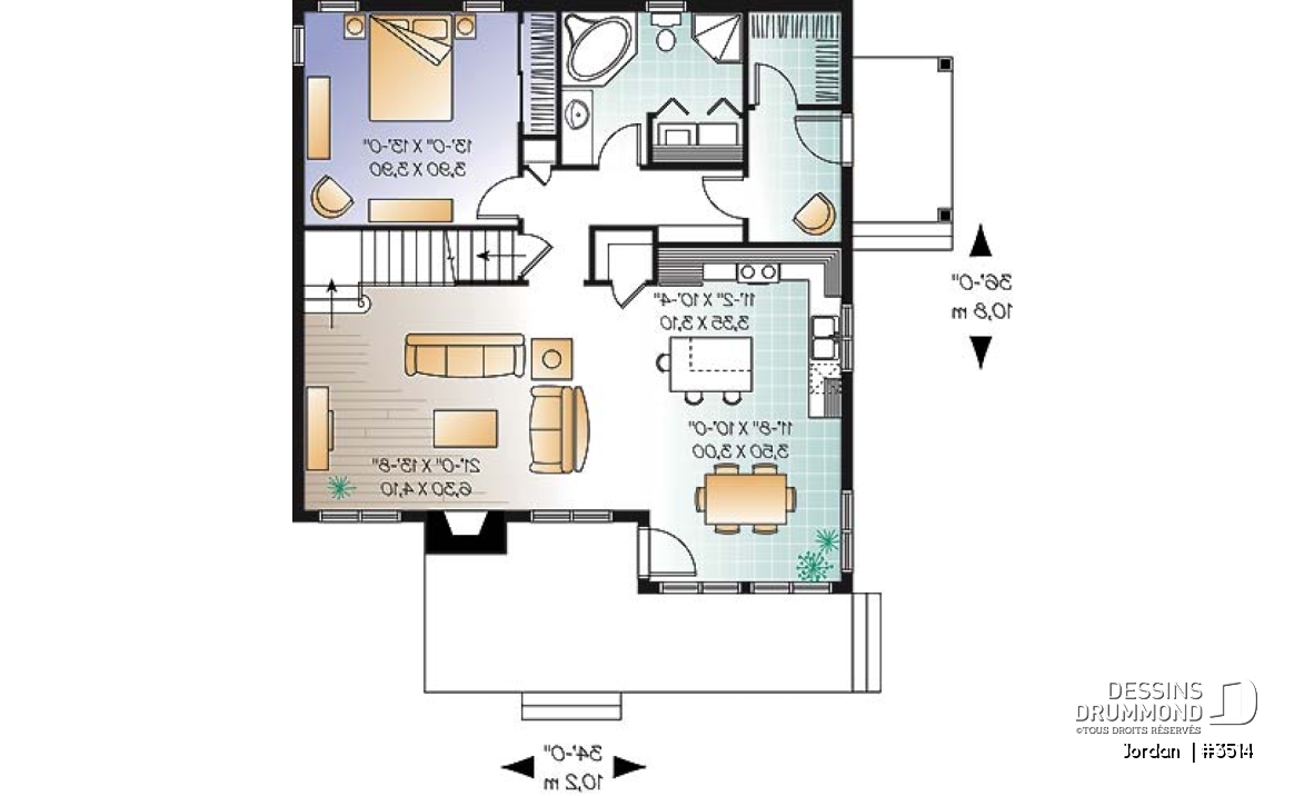 Rez-de-chaussée - Plan de maison de style campagnard avec vue panoramique, 3 à 4 chambres, plafond pente, foyer  - Jordan 