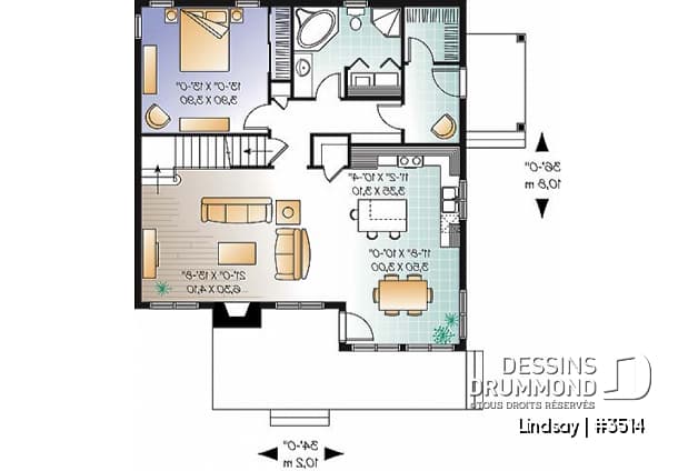 Rez-de-chaussée - Plan de maison de style campagnard avec vue panoramique, 3 à 4 chambres, plafond pente, foyer  - Jordan 