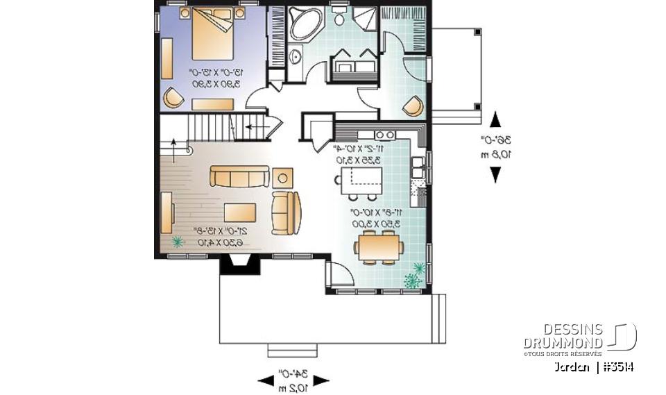 Rez-de-chaussée - Plan de maison de style campagnard avec vue panoramique, 3 à 4 chambres, plafond pente, foyer  - Jordan 