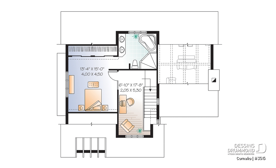 Étage - Plan de maison 3 chambres, plafond cathédrale et poutres exposées, plancher à aire ouverte, style Cape Cod - Cornelia