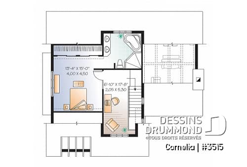 Étage - Plan de maison 3 chambres, plafond cathédral et poutres exposées, plancher à aire ouverte, style Cape Cod - Cornelia
