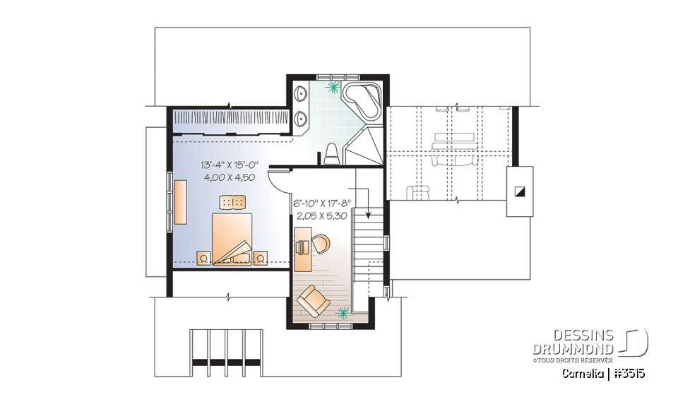 Étage - Plan de maison 3 chambres, plafond cathédrale et poutres exposées, plancher à aire ouverte, style Cape Cod - Cornelia