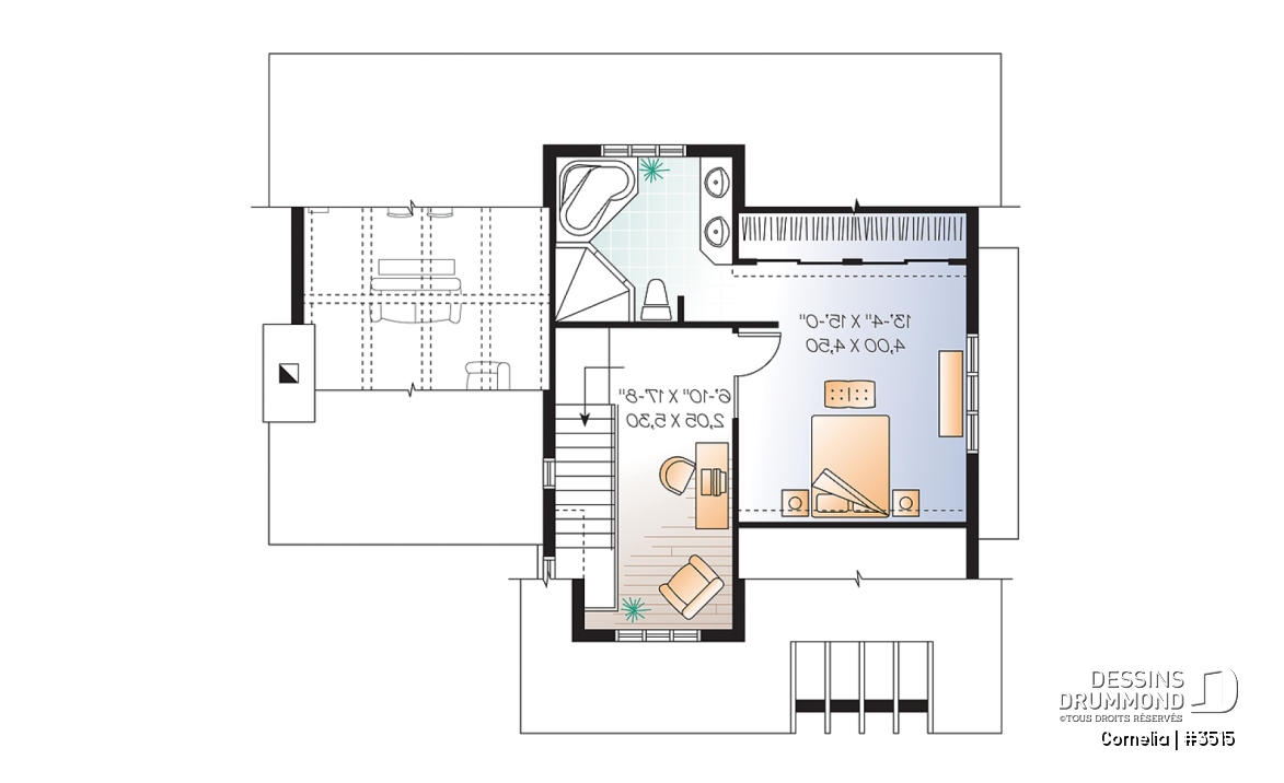 Étage - Plan de maison 3 chambres, plafond cathédrale et poutres exposées, plancher à aire ouverte, style Cape Cod - Cornelia