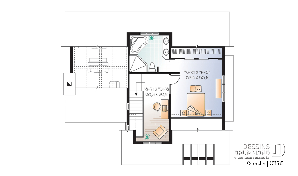 Étage - Plan de maison 3 chambres, plafond cathédrale et poutres exposées, plancher à aire ouverte, style Cape Cod - Cornelia