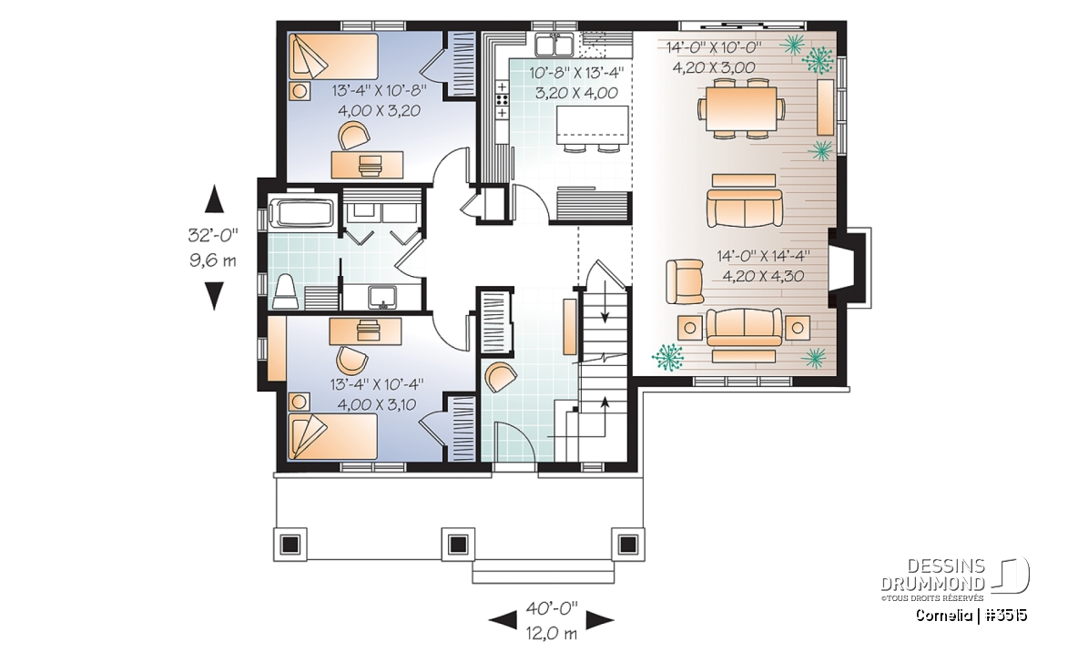 Rez-de-chaussée - Plan de maison 3 chambres, plafond cathédrale et poutres exposées, plancher à aire ouverte, style Cape Cod - Cornelia