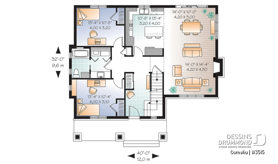 Rez-de-chaussée - Plan de maison 3 chambres, plafond cathédrale et poutres exposées, plancher à aire ouverte, style Cape Cod - Cornelia