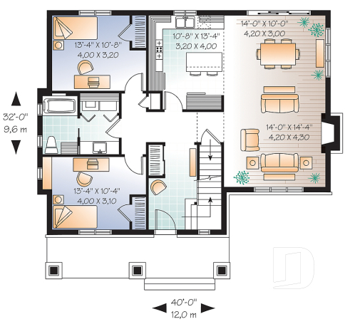 Rez-de-chaussée - Plan de maison 3 chambres, plafond cathédrale et poutres exposées, plancher à aire ouverte, style Cape Cod - Cornelia