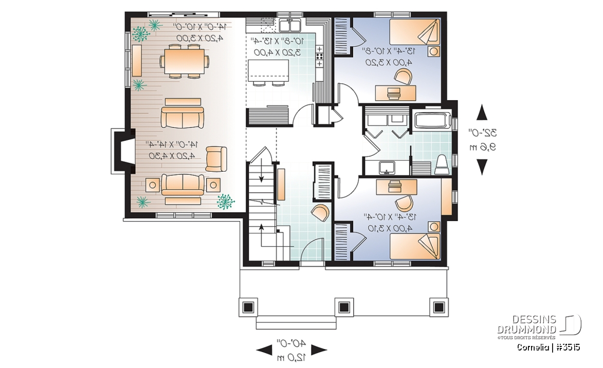 Rez-de-chaussée - Plan de maison 3 chambres, plafond cathédrale et poutres exposées, plancher à aire ouverte, style Cape Cod - Cornelia