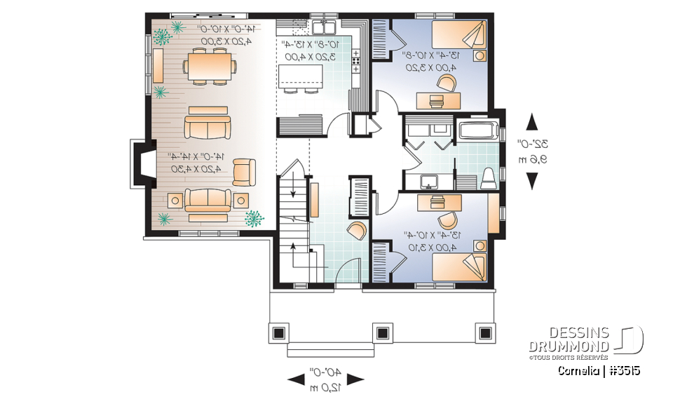 Rez-de-chaussée - Plan de maison 3 chambres, plafond cathédrale et poutres exposées, plancher à aire ouverte, style Cape Cod - Cornelia