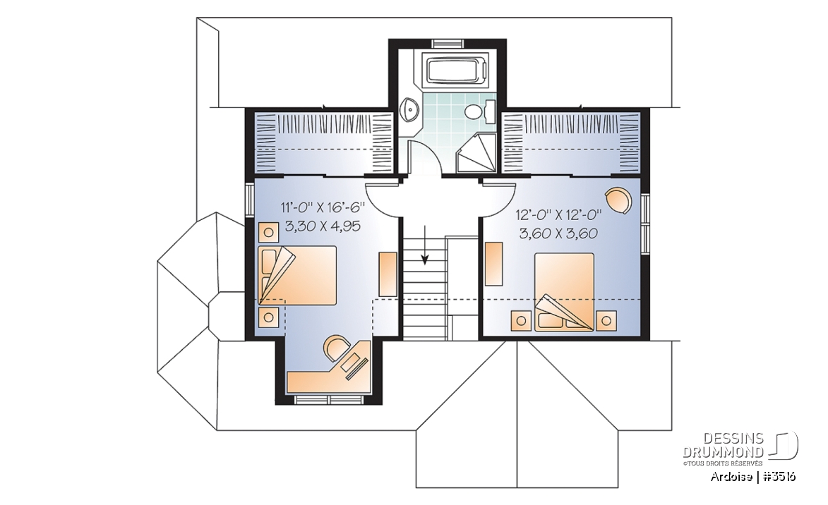 Étage - Plan de maison de style champêtre anglais, 3 chambres, triple porte, plafond 8.6', grand salon - Ardoise