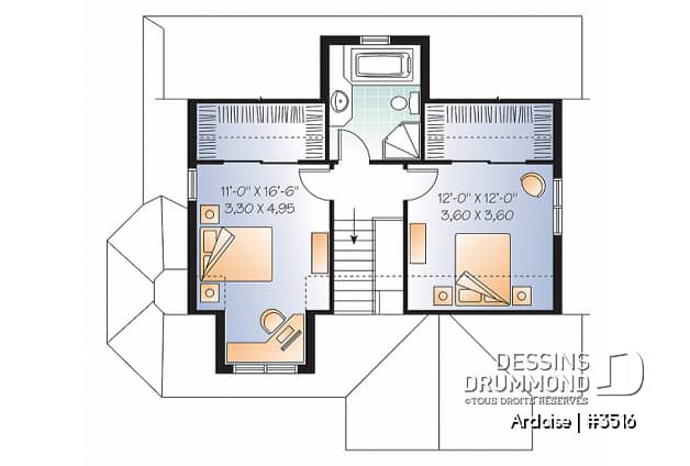 Étage - Plan de maison de style champêtre anglais, 3 chambres, triple porte, plafond 8.6', grand salon - Ardoise