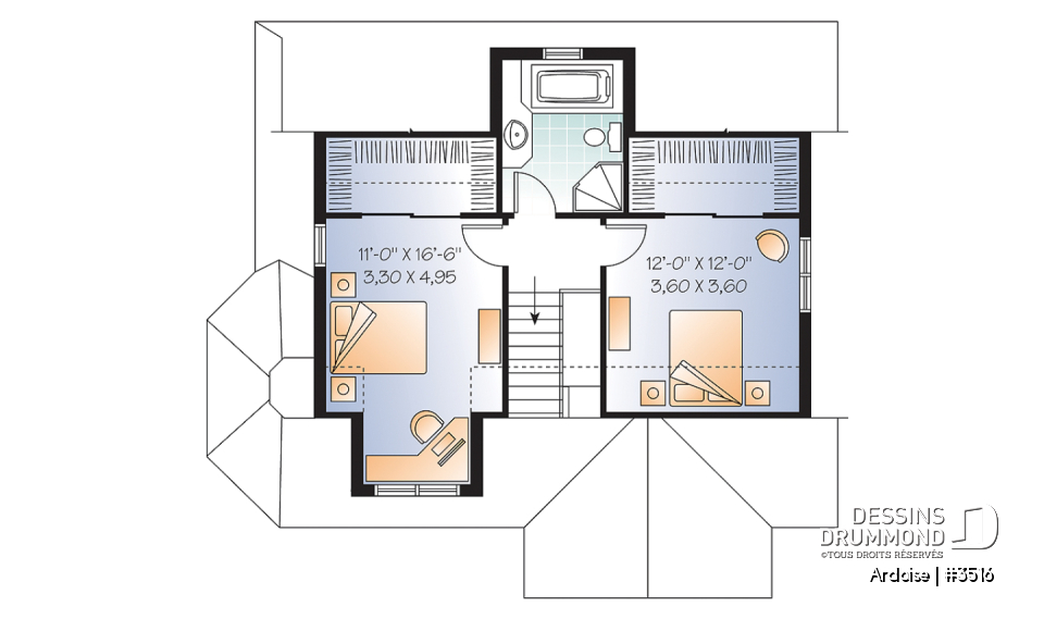 Étage - Plan de maison de style champêtre anglais, 3 chambres, triple porte, plafond 8.6', grand salon - Ardoise