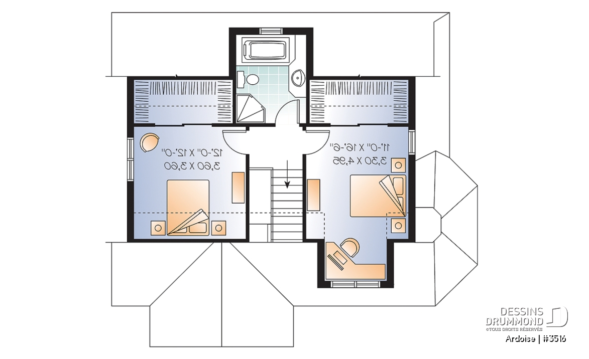 Étage - Plan de maison de style champêtre anglais, 3 chambres, triple porte, plafond 8.6', grand salon - Ardoise