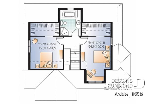 Étage - Plan de maison de style champêtre anglais, 3 chambres, triple porte, plafond 8.6', grand salon - Ardoise