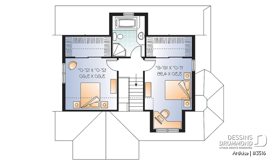 Étage - Plan de maison de style champêtre anglais, 3 chambres, triple porte, plafond 8.6', grand salon - Ardoise