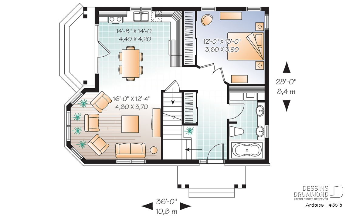 Rez-de-chaussée - Plan de maison de style champêtre anglais, 3 chambres, triple porte, plafond 8.6', grand salon - Ardoise