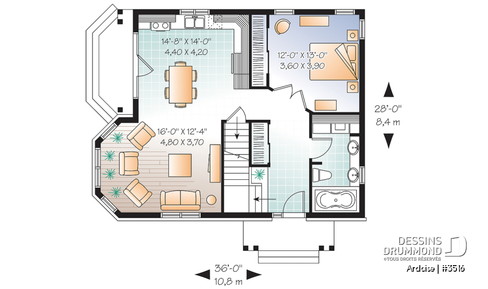 Rez-de-chaussée - Plan de maison de style champêtre anglais, 3 chambres, triple porte, plafond 8.6', grand salon - Ardoise