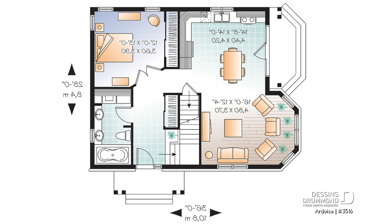Rez-de-chaussée - Plan de maison de style champêtre anglais, 3 chambres, triple porte, plafond 8.6', grand salon - Ardoise