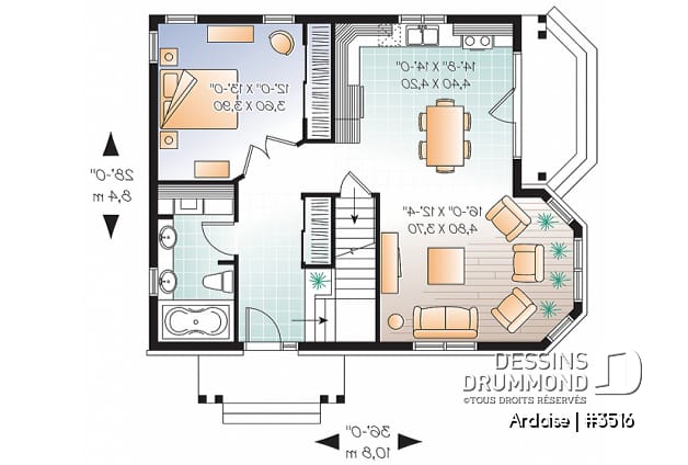 Rez-de-chaussée - Plan de maison de style champêtre anglais, 3 chambres, triple porte, plafond 8.6', grand salon - Ardoise