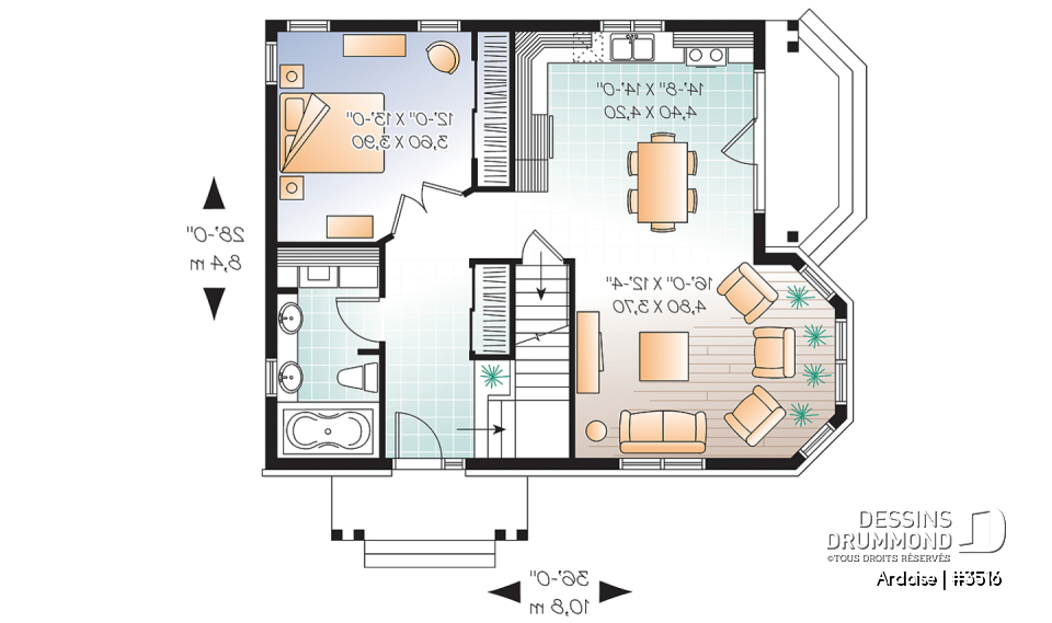 Rez-de-chaussée - Plan de maison de style champêtre anglais, 3 chambres, triple porte, plafond 8.6', grand salon - Ardoise