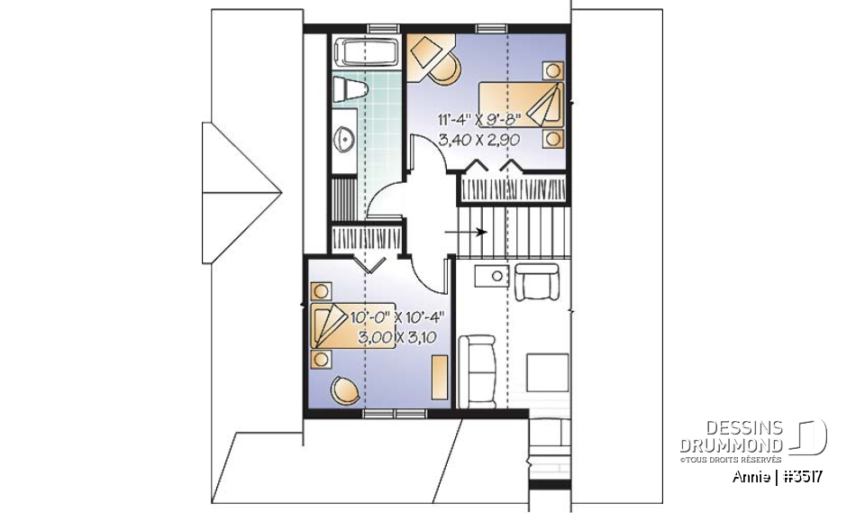 Étage - Plan de maison champêtre, 3 chambres, chambre des maîtres au r-d-c, aire ouverte, plafond cathédrale - Annie