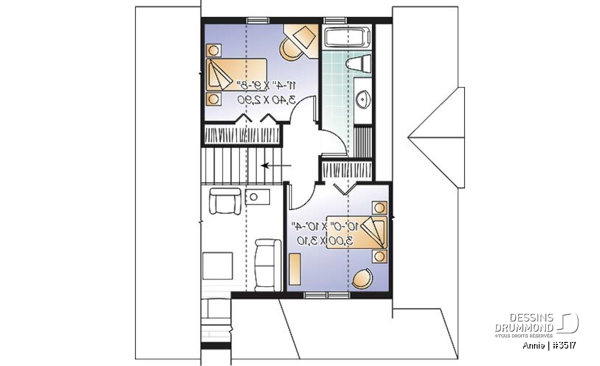 Étage - Plan de maison champêtre, 3 chambres, chambre des maîtres au r-d-c, aire ouverte, plafond cathédrale - Annie