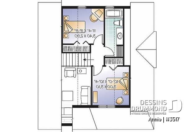 Étage - Plan de maison champêtre, 3 chambres, chambre des maîtres au r-d-c, aire ouverte, plafond cathédrale - Annie