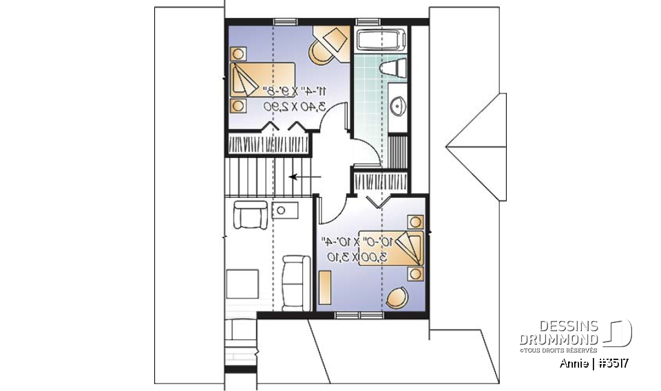 Étage - Plan de maison champêtre, 3 chambres, chambre des maîtres au r-d-c, aire ouverte, plafond cathédrale - Annie
