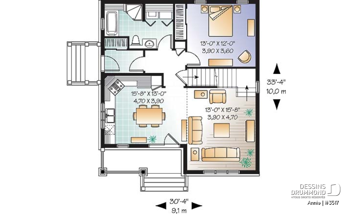 Rez-de-chaussée - Plan de maison champêtre, 3 chambres, chambre des maîtres au r-d-c, aire ouverte, plafond cathédrale - Annie