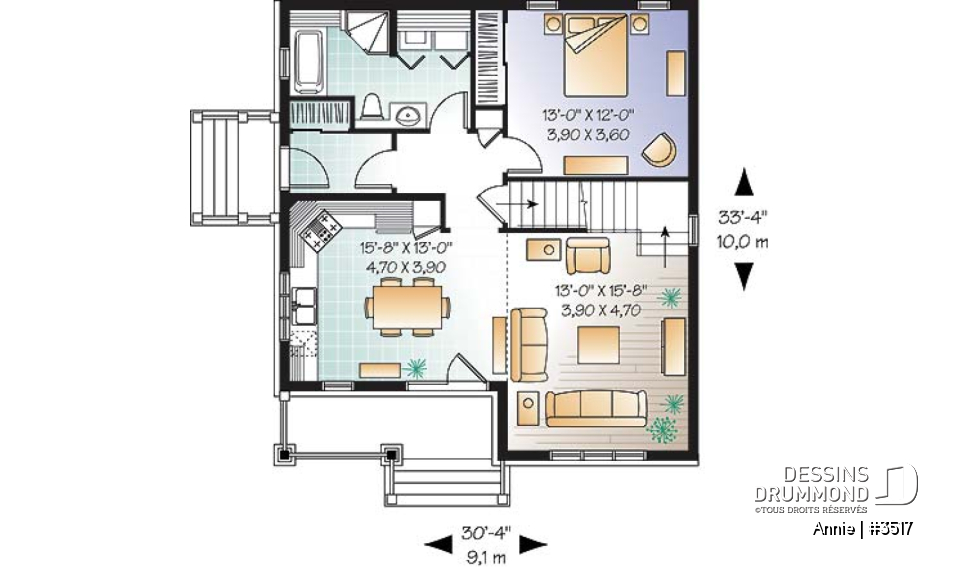 Rez-de-chaussée - Plan de maison champêtre, 3 chambres, chambre des maîtres au r-d-c, aire ouverte, plafond cathédrale - Annie