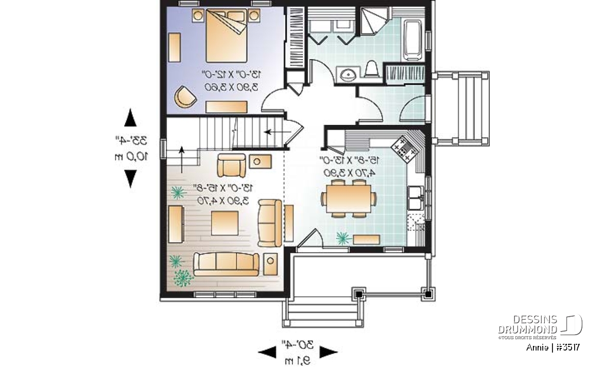 Rez-de-chaussée - Plan de maison champêtre, 3 chambres, chambre des maîtres au r-d-c, aire ouverte, plafond cathédrale - Annie