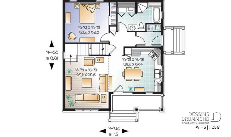 Rez-de-chaussée - Plan de maison champêtre, 3 chambres, chambre des maîtres au r-d-c, aire ouverte, plafond cathédrale - Annie