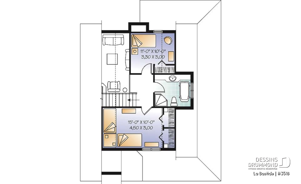 Étage - Plan de maison champêtre, 3 chambres, balcon couvert sur 3 faces, foyer, mezzanine, parents au premier - La Bastide