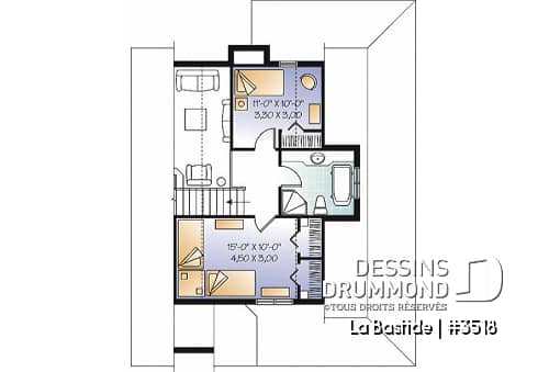Étage - Plan de maison champêtre, 3 chambres, balcon couvert sur 3 faces, foyer, mezzanine, parents au premier - La Bastide