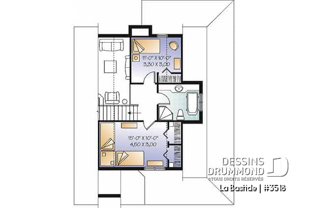 Étage - Plan de maison champêtre, 3 chambres, balcon couvert sur 3 faces, foyer, mezzanine, parents au premier - La Bastide