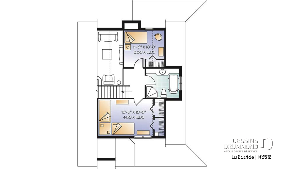 Étage - Plan de maison champêtre, 3 chambres, balcon couvert sur 3 faces, foyer, mezzanine, parents au premier - La Bastide