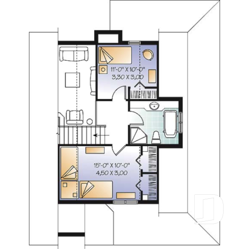 Étage - Plan de maison champêtre, 3 chambres, balcon couvert sur 3 faces, foyer, mezzanine, parents au premier - La Bastide