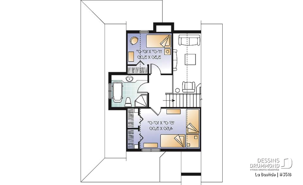 Étage - Plan de maison champêtre, 3 chambres, balcon couvert sur 3 faces, foyer, mezzanine, parents au premier - La Bastide