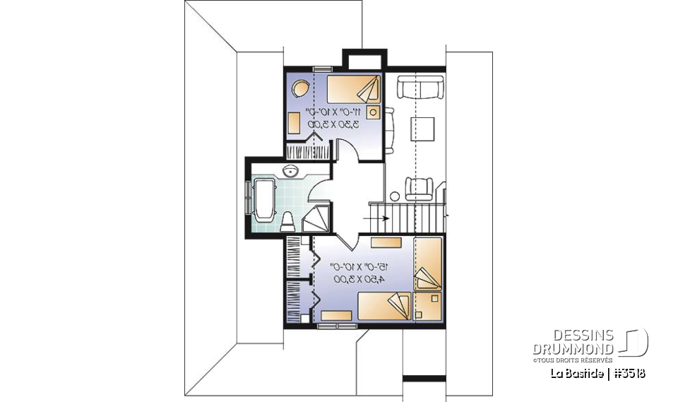 Étage - Plan de maison champêtre, 3 chambres, balcon couvert sur 3 faces, foyer, mezzanine, parents au premier - La Bastide