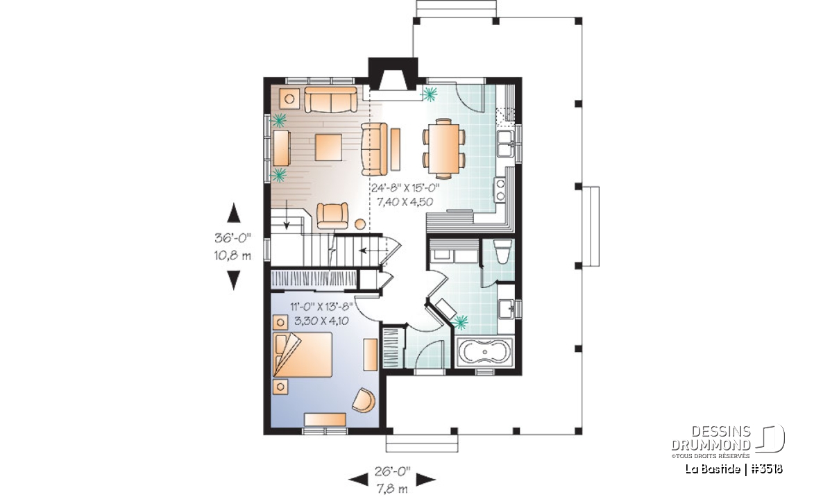 Rez-de-chaussée - Plan de maison champêtre, 3 chambres, balcon couvert sur 3 faces, foyer, mezzanine, parents au premier - La Bastide