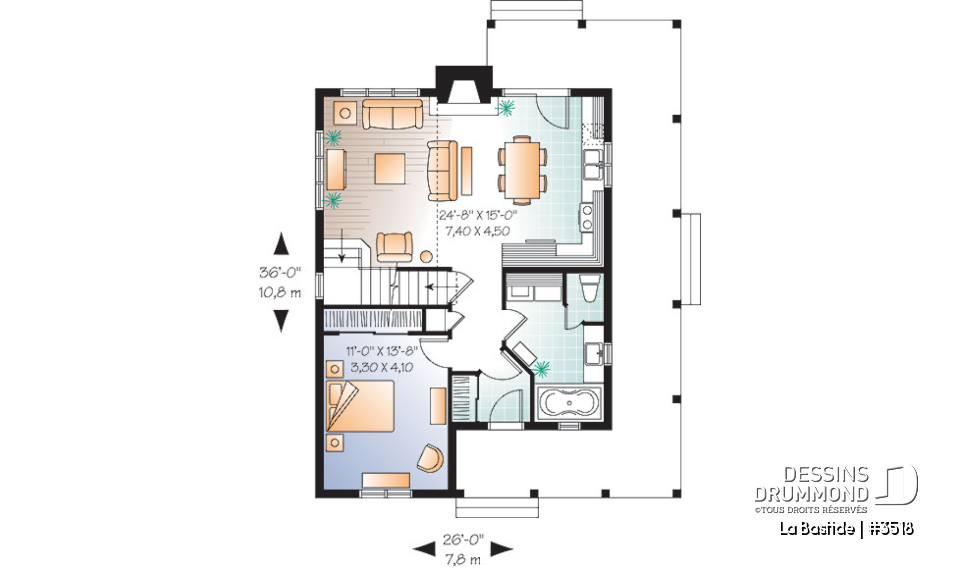Rez-de-chaussée - Plan de maison champêtre, 3 chambres, balcon couvert sur 3 faces, foyer, mezzanine, parents au premier - La Bastide